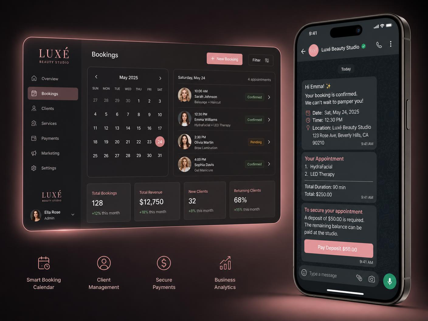 WhatsApp chat thread with booking confirmation next to a salon booking dashboard